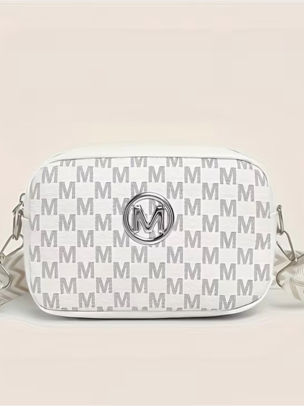 White Monogram Crossbody Bag with Silver Emblem